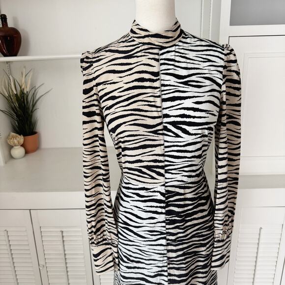 A.L.C. Black Beige Silk Kennedy Tiger-Printed Shift Midi Dress Size 4 - Picture 2 of 9